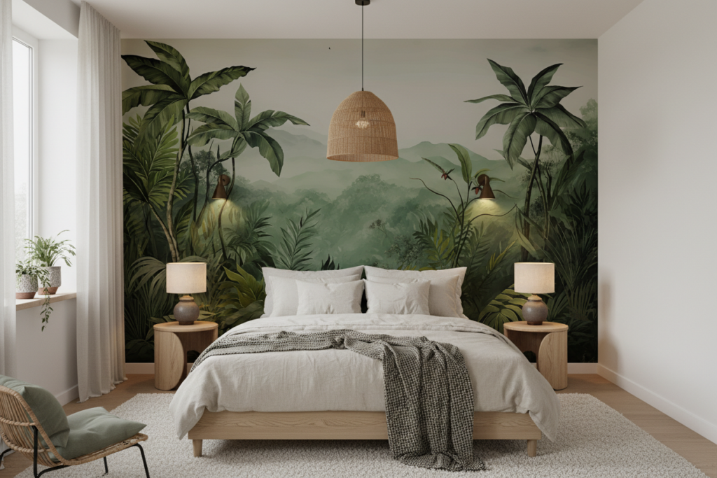 Papier Peint Panoramique Jungle Tropicale avec Montagnes Brumeuses - Chambre adulte