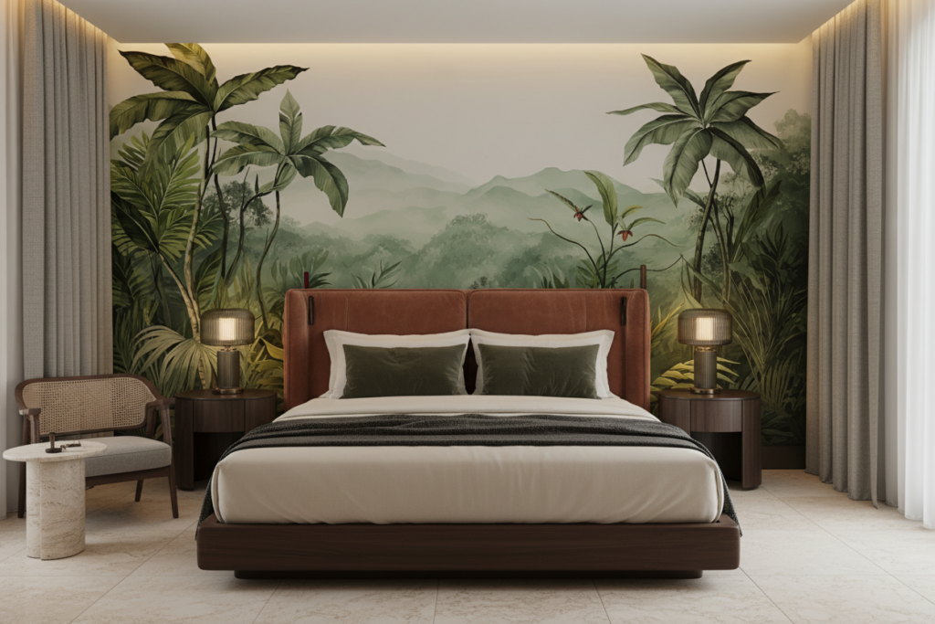 Papier Peint Panoramique Jungle Tropicale avec Montagnes Brumeuses - Hôtel