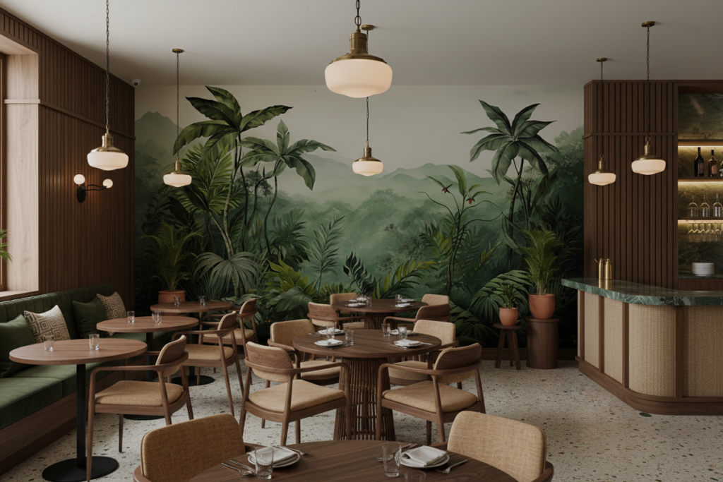 Papier Peint Panoramique Jungle Tropicale avec Montagnes Brumeuses - Restaurant