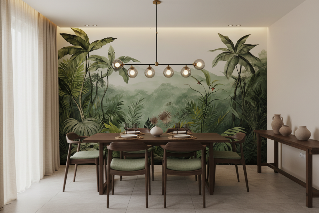 Papier Peint Panoramique Jungle Tropicale avec Montagnes Brumeuses - Salle à manger