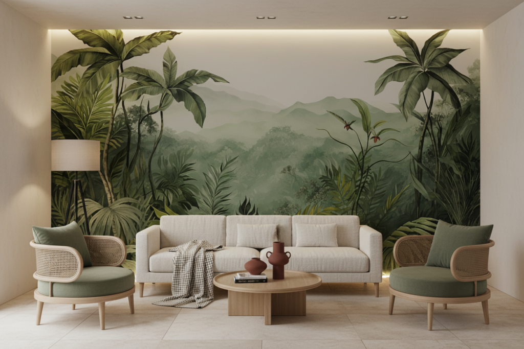 Papier Peint Panoramique Jungle Tropicale avec Montagnes Brumeuses - Salon / Séjour