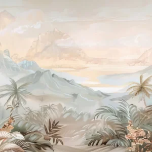 Papier peint panoramique jungle tropicale et montagnes brume dorée