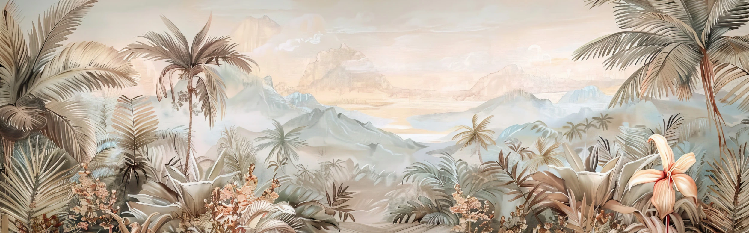 Papier peint panoramique jungle tropicale et montagnes brume dorée