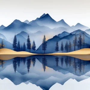 Papier peint panoramique montagne bleue reflet doré nature zen