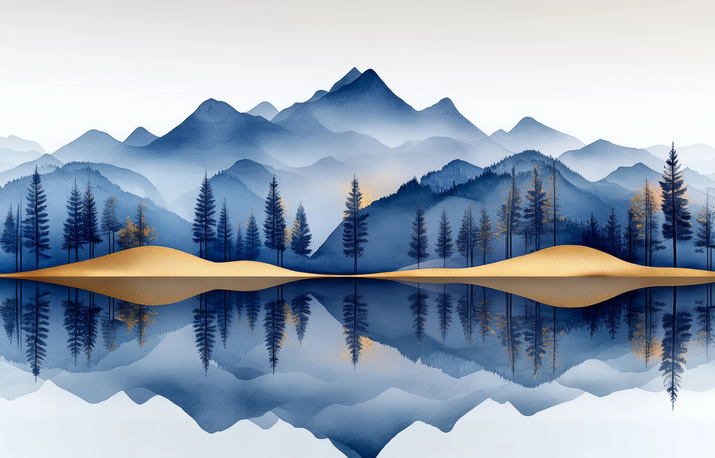 Papier peint panoramique montagne bleue reflet doré nature zen