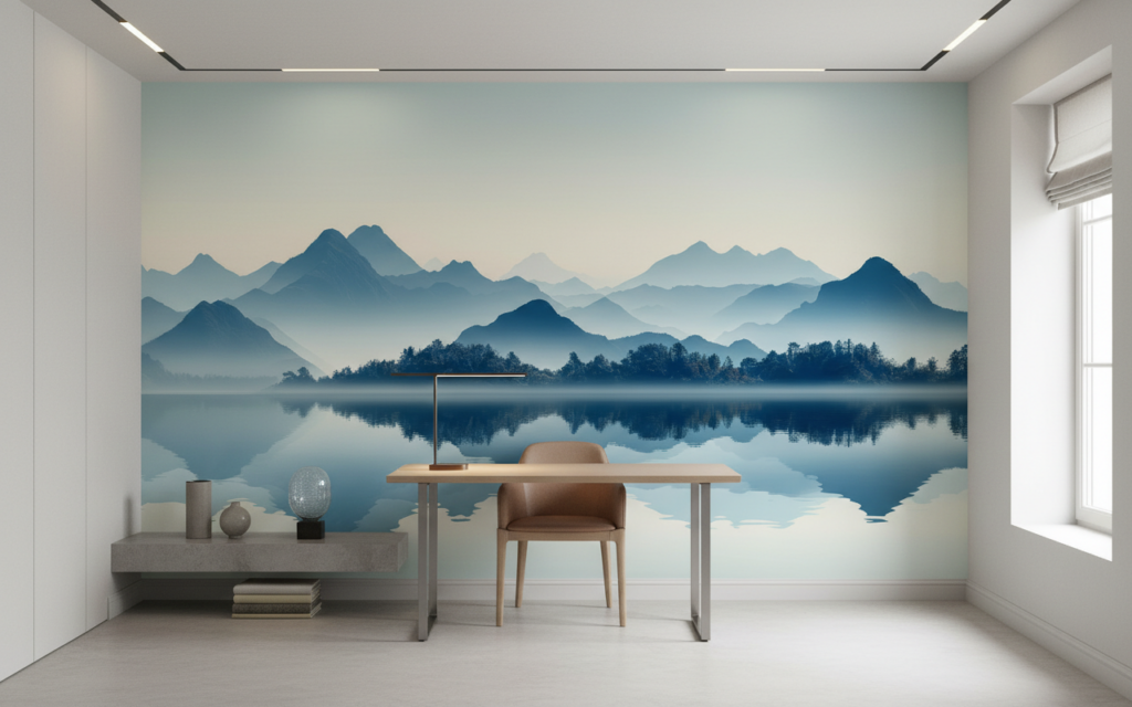 Papier Peint Panoramique Montagnes Bleutées et Lac Miroir - Bureau