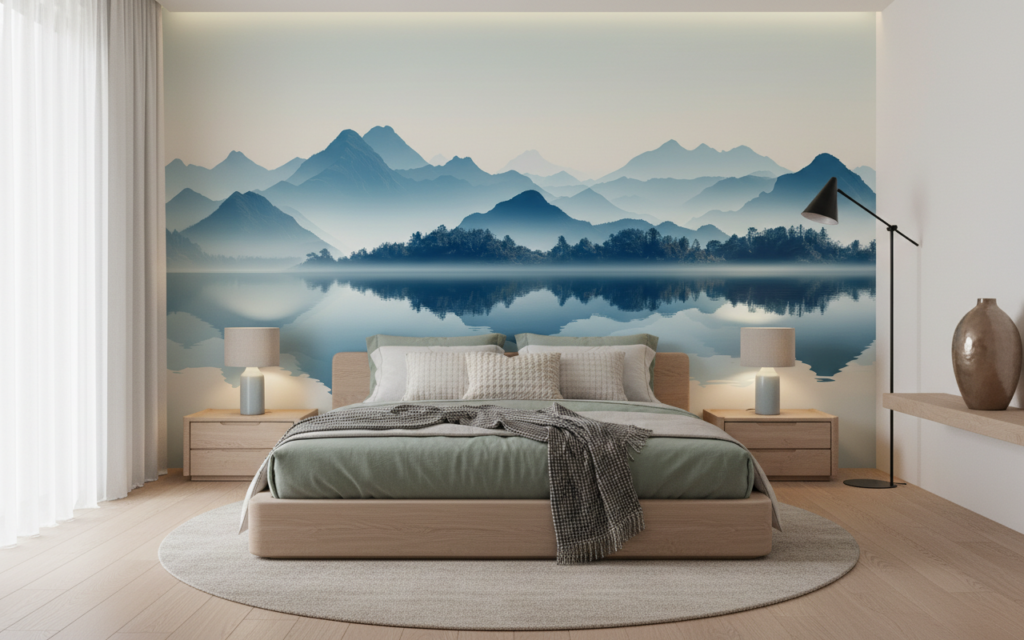 Papier Peint Panoramique Montagnes Bleutées et Lac Miroir - Chambre adulte