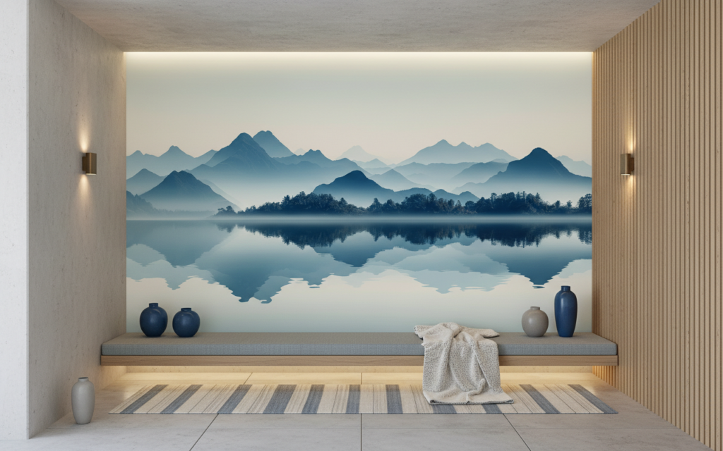 Papier Peint Panoramique Montagnes Bleutées et Lac Miroir - Couloir