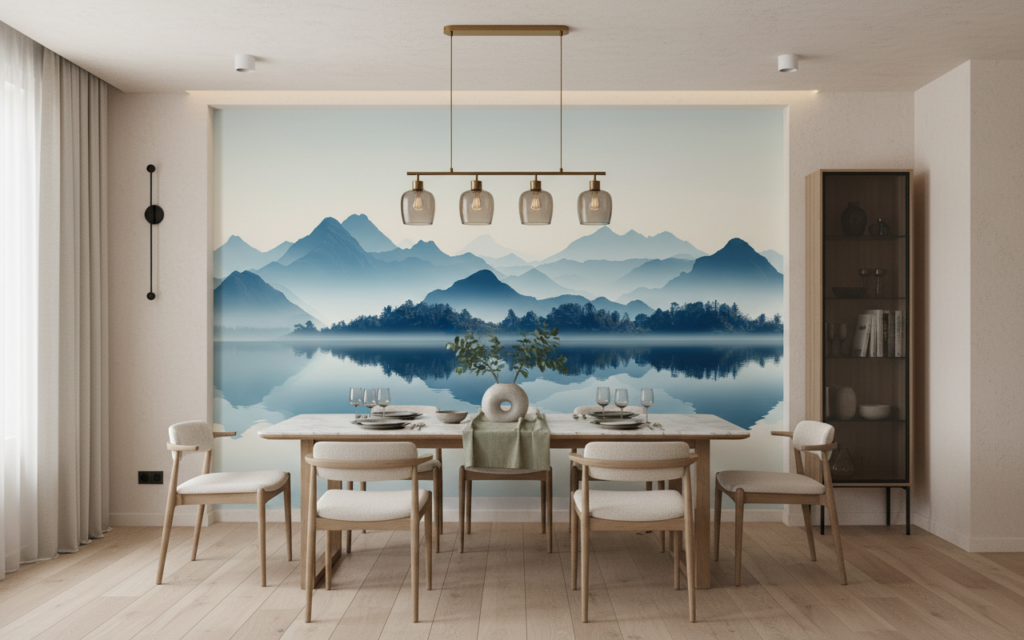 Papier Peint Panoramique Montagnes Bleutées et Lac Miroir - Salle à manger