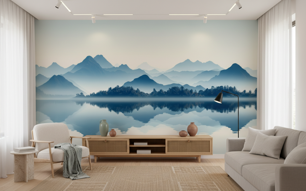 Papier Peint Panoramique Montagnes Bleutées et Lac Miroir - Salon / Séjour