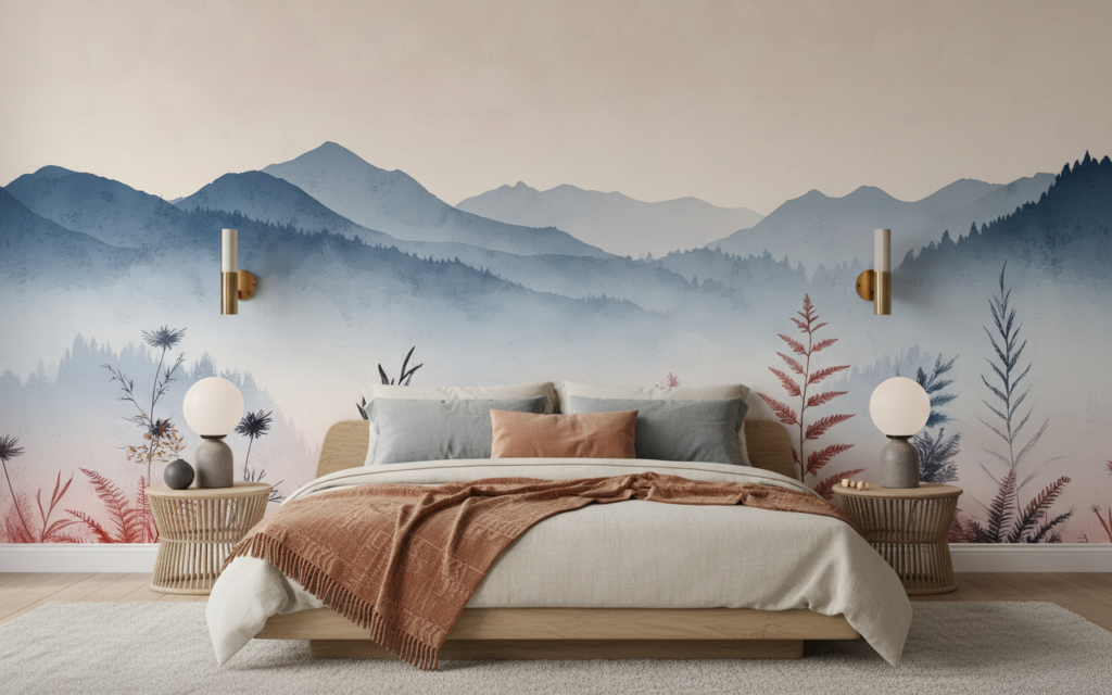 Papier peint panoramique montagnes brumeuses et végétation automnale délicate - Chambre adulte