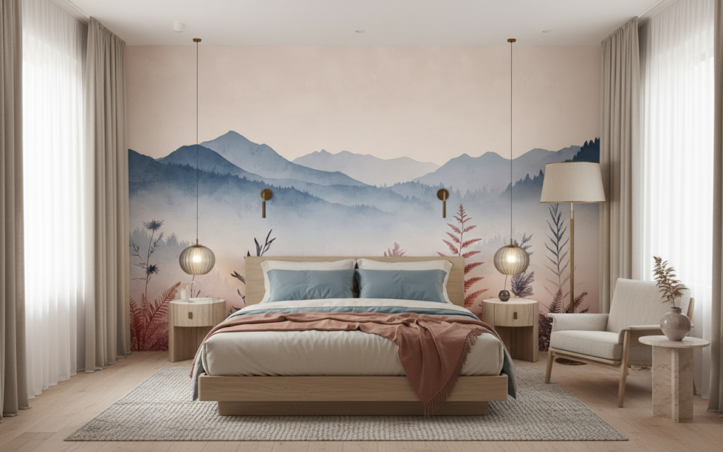 Papier peint panoramique montagnes brumeuses et végétation automnale délicate - Hôtel