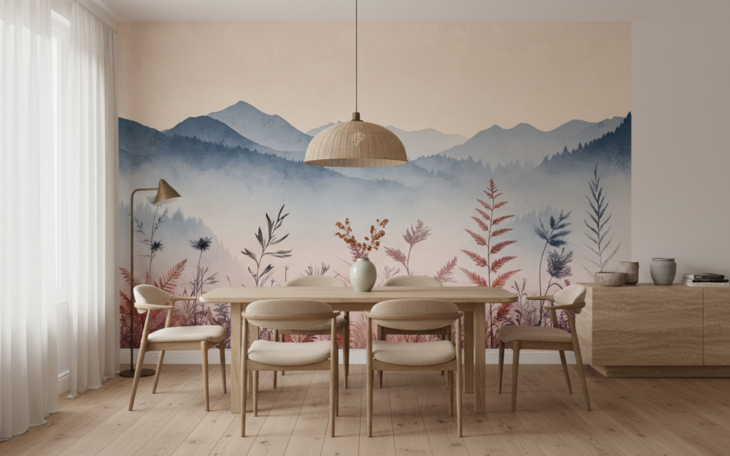 Papier peint panoramique montagnes brumeuses et végétation automnale délicate - Salle à manger