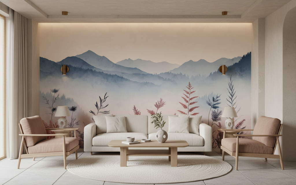 Papier peint panoramique montagnes brumeuses et végétation automnale délicate - Salon / Séjour