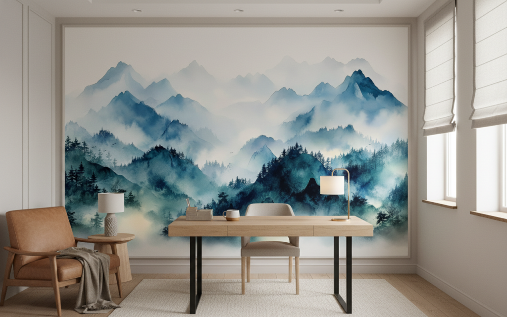 Papier peint panoramique montagnes brumeuses style aquarelle bleu - Bureau