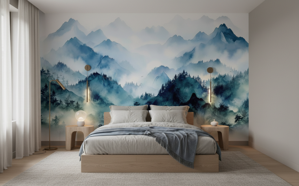 Papier peint panoramique montagnes brumeuses style aquarelle bleu - Chambre adulte