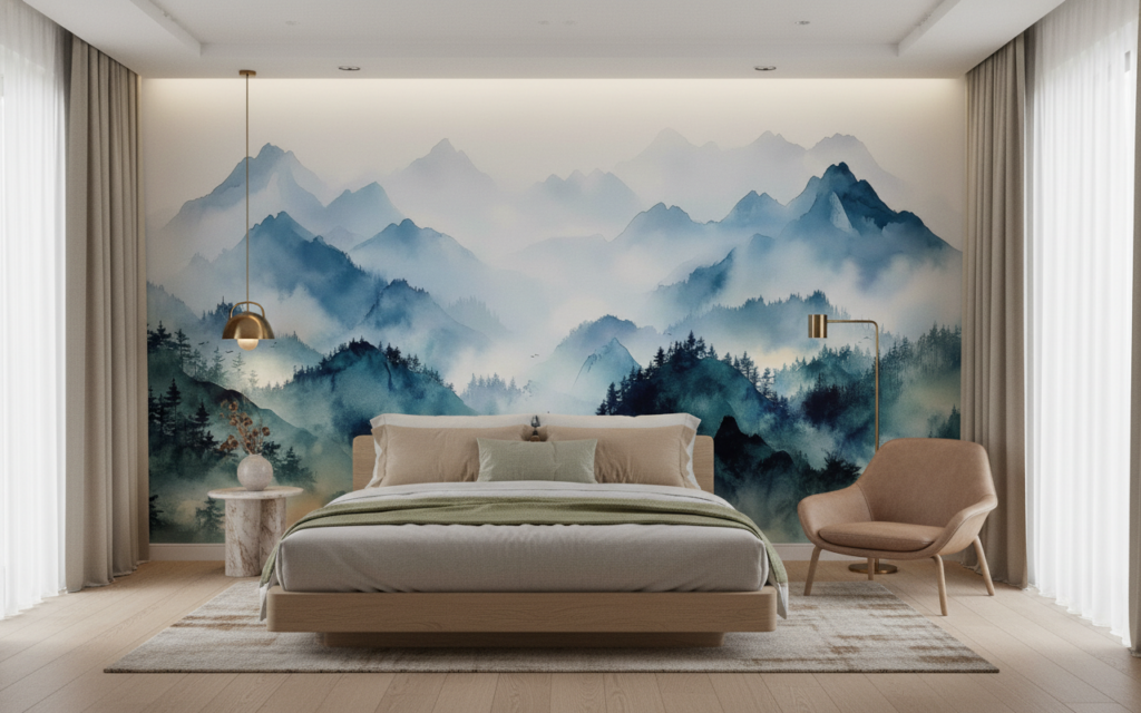 Papier peint panoramique montagnes brumeuses style aquarelle bleu - Hôtel