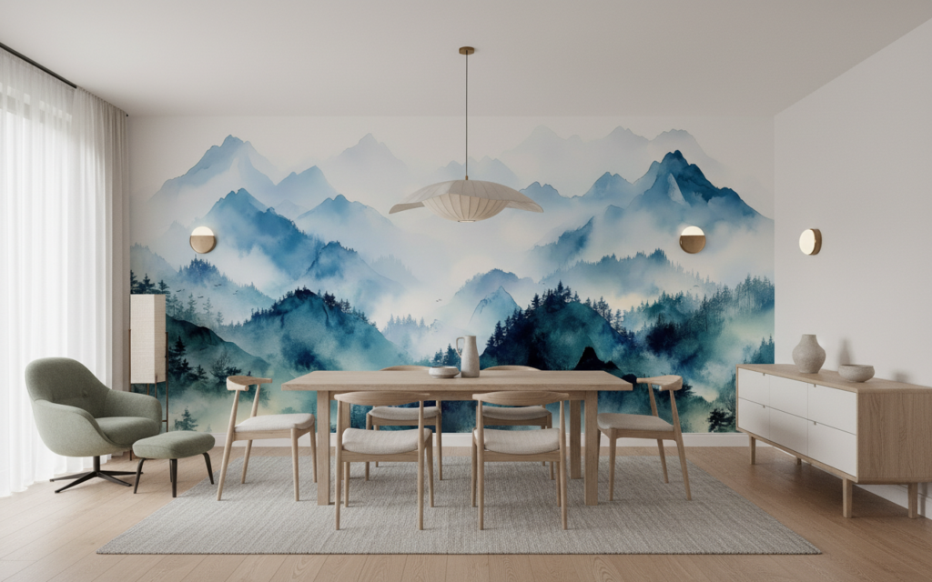 Papier peint panoramique montagnes brumeuses style aquarelle bleu - Salle à manger