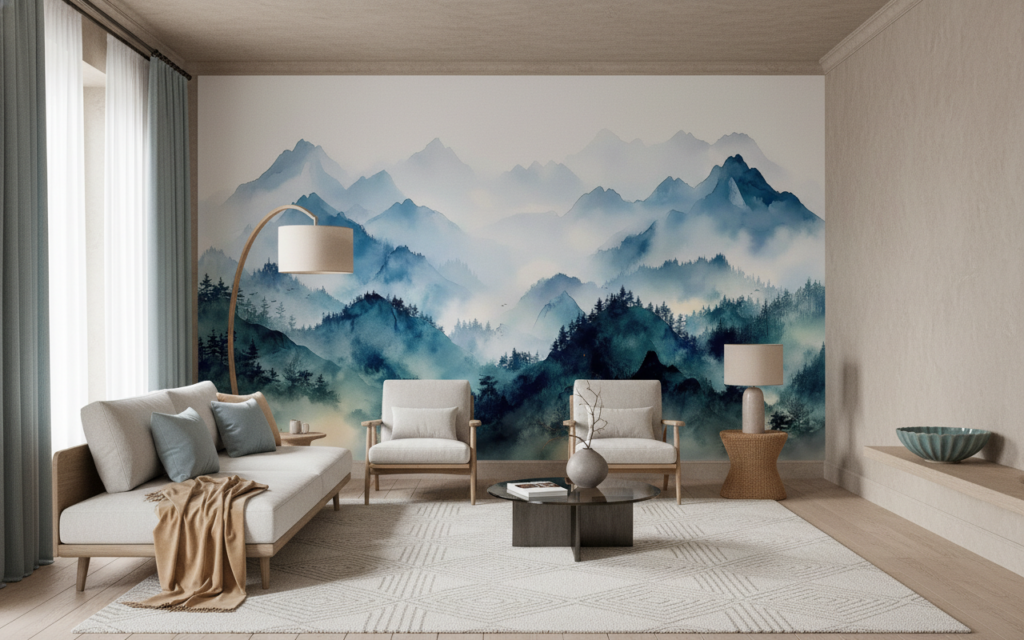 Papier peint panoramique montagnes brumeuses style aquarelle bleu - Salon / Séjour