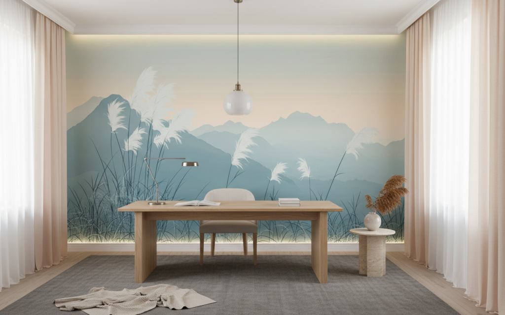 Papier peint panoramique montagnes et herbes pampas style japonais - Bureau