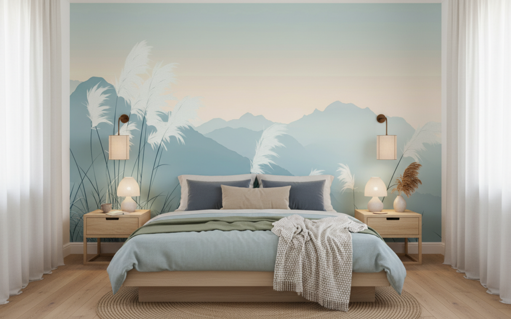 Papier peint panoramique montagnes et herbes pampas style japonais - Chambre adulte