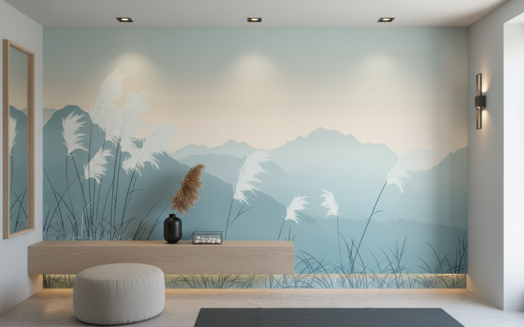 Papier peint panoramique montagnes et herbes pampas style japonais - Entrée