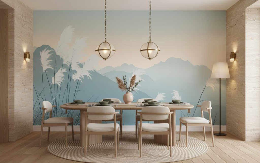 Papier peint panoramique montagnes et herbes pampas style japonais - Salle à manger