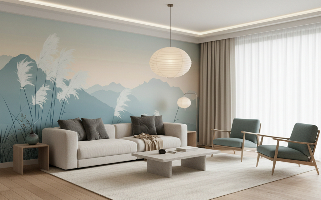 Papier peint panoramique montagnes et herbes pampas style japonais - Salon / Séjour