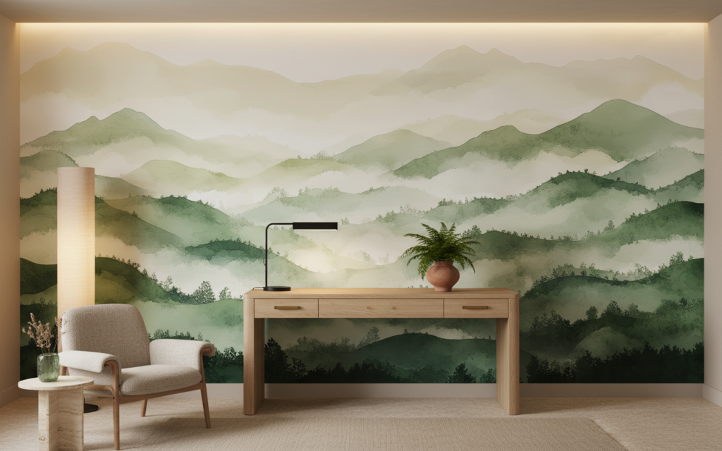 Papier peint panoramique montagnes verdoyantes brume matinale style aquarelle - Bureau