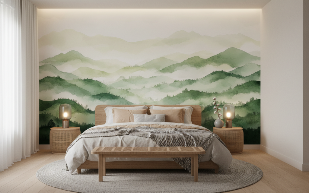 Papier peint panoramique montagnes verdoyantes brume matinale style aquarelle - Chambre adulte