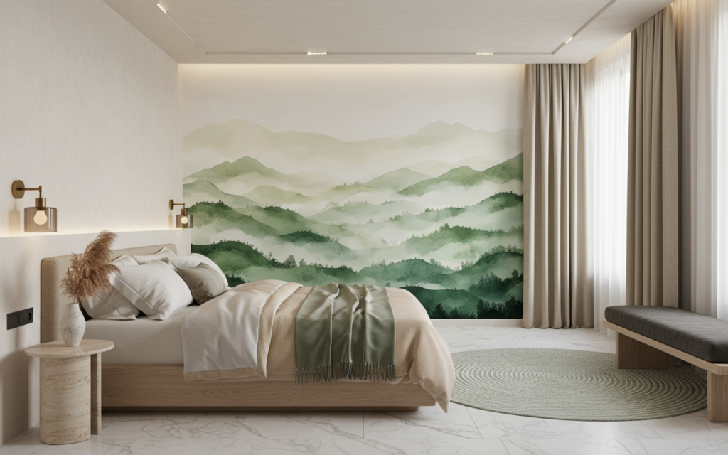 Papier peint panoramique montagnes verdoyantes brume matinale style aquarelle - Hôtel