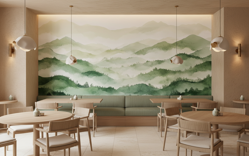 Papier peint panoramique montagnes verdoyantes brume matinale style aquarelle - Restaurant