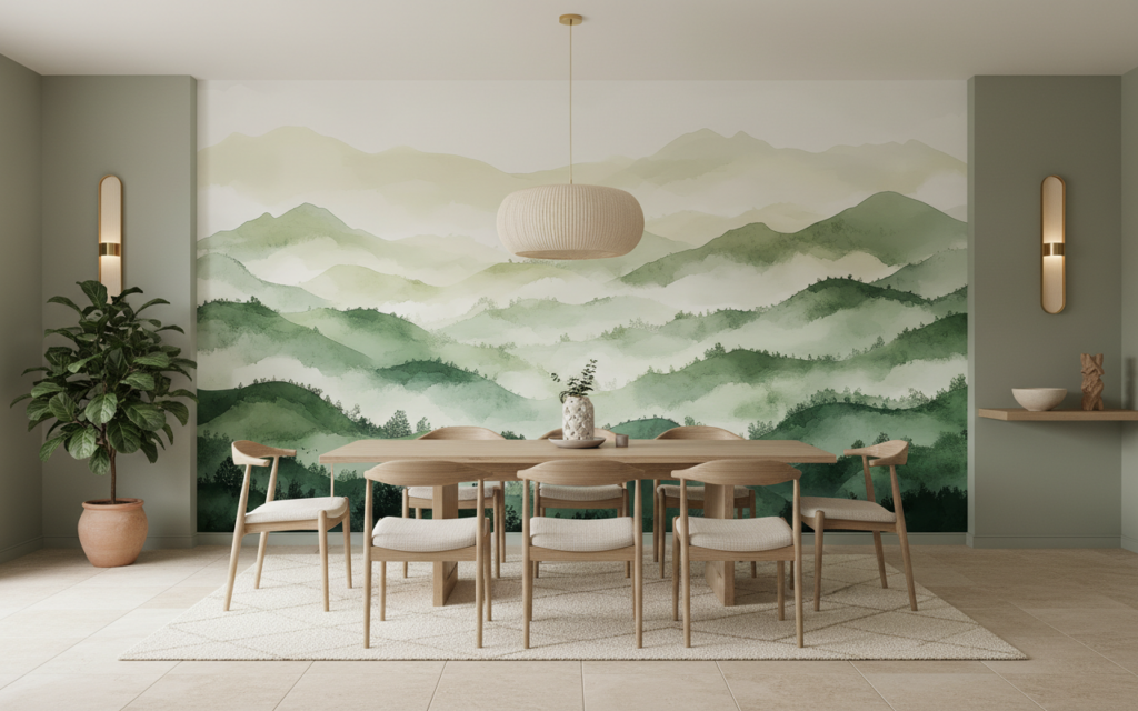 Papier peint panoramique montagnes verdoyantes brume matinale style aquarelle - Salle à manger