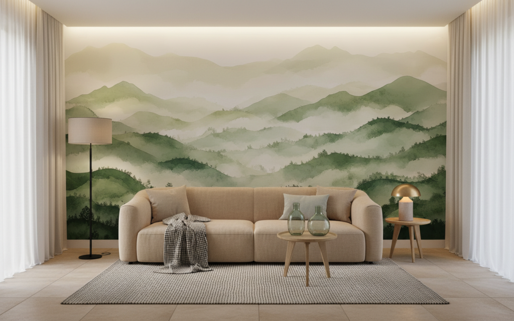 Papier peint panoramique montagnes verdoyantes brume matinale style aquarelle - Salon / Séjour