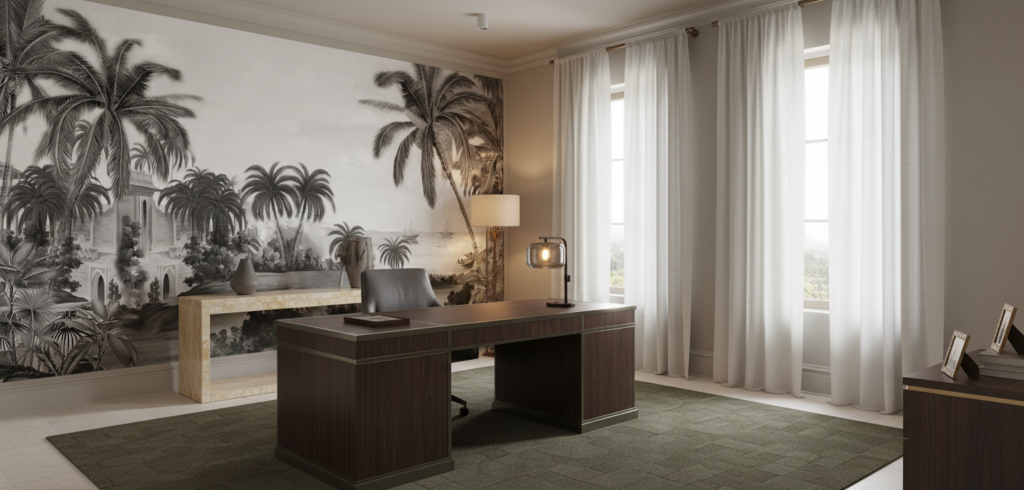 Papier peint panoramique tropical noir et blanc architecture coloniale - Bureau