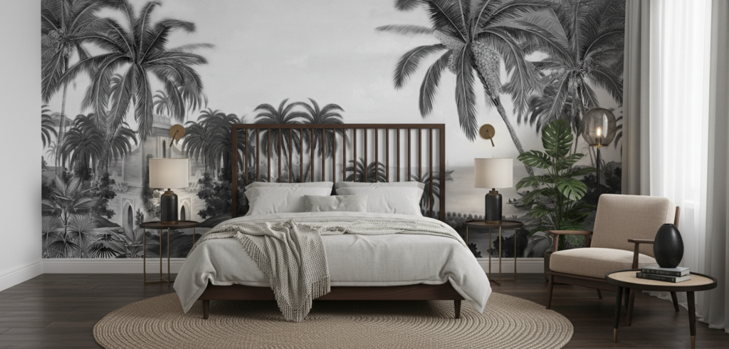 Papier peint panoramique tropical noir et blanc architecture coloniale - Chambre adulte