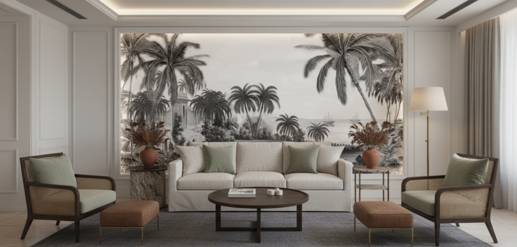 Papier peint panoramique tropical noir et blanc architecture coloniale - Hôtel