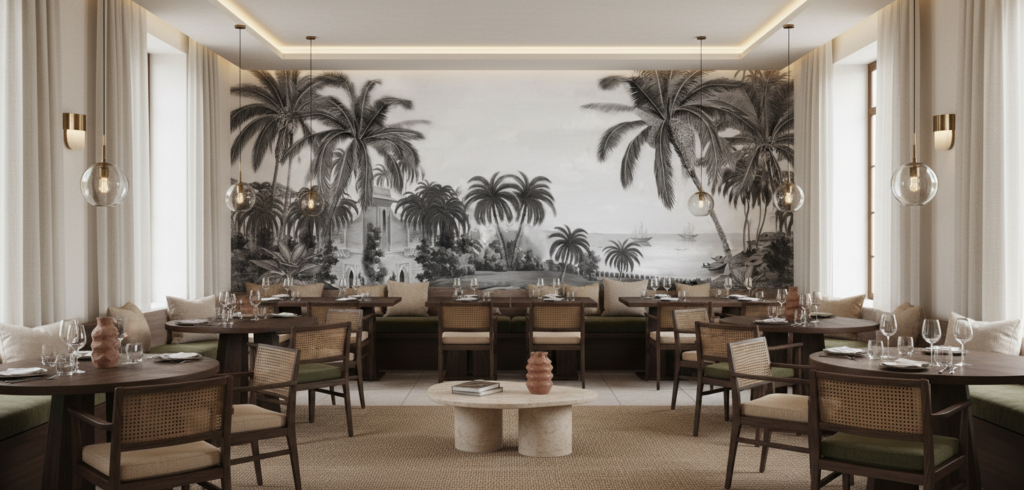 Papier peint panoramique tropical noir et blanc architecture coloniale - Restaurant