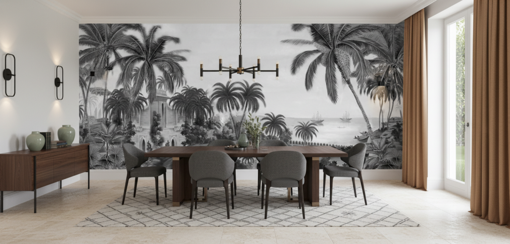 Papier peint panoramique tropical noir et blanc architecture coloniale - Salle à manger