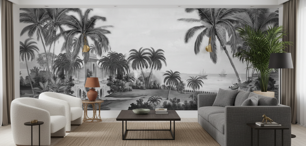 Papier peint panoramique tropical noir et blanc architecture coloniale - Salon / Séjour