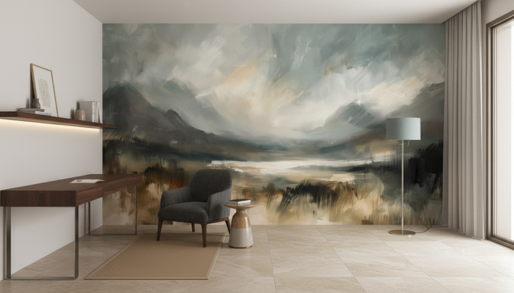 Papier Peint Paysage Abstrait Montagnes Brume Tons Naturels - Bureau