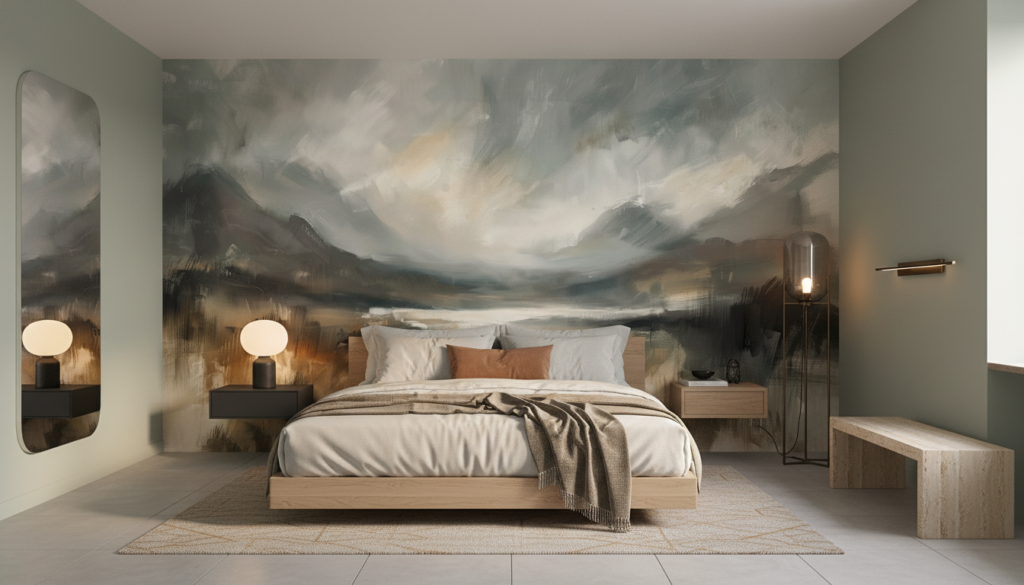 Papier Peint Paysage Abstrait Montagnes Brume Tons Naturels - Chambre adulte
