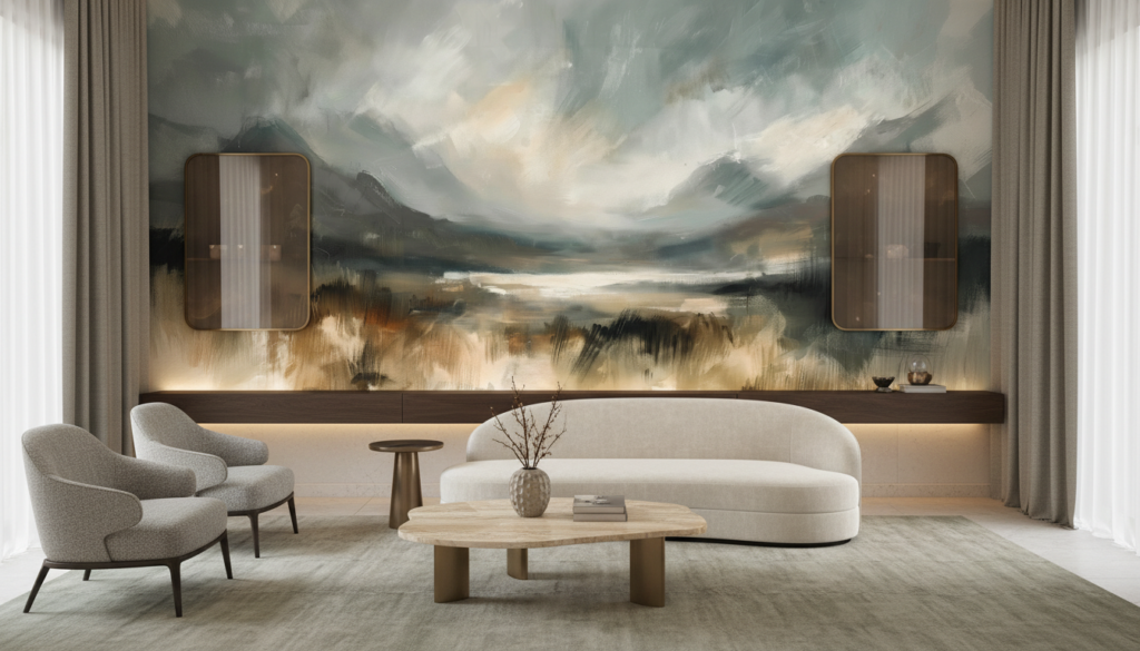 Papier Peint Paysage Abstrait Montagnes Brume Tons Naturels - Hôtel