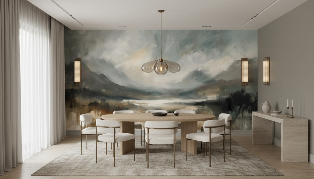 Papier Peint Paysage Abstrait Montagnes Brume Tons Naturels - Salle à manger