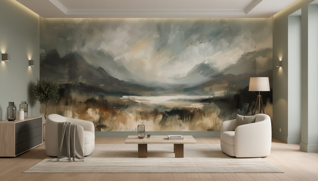 Papier Peint Paysage Abstrait Montagnes Brume Tons Naturels - Salon / Séjour