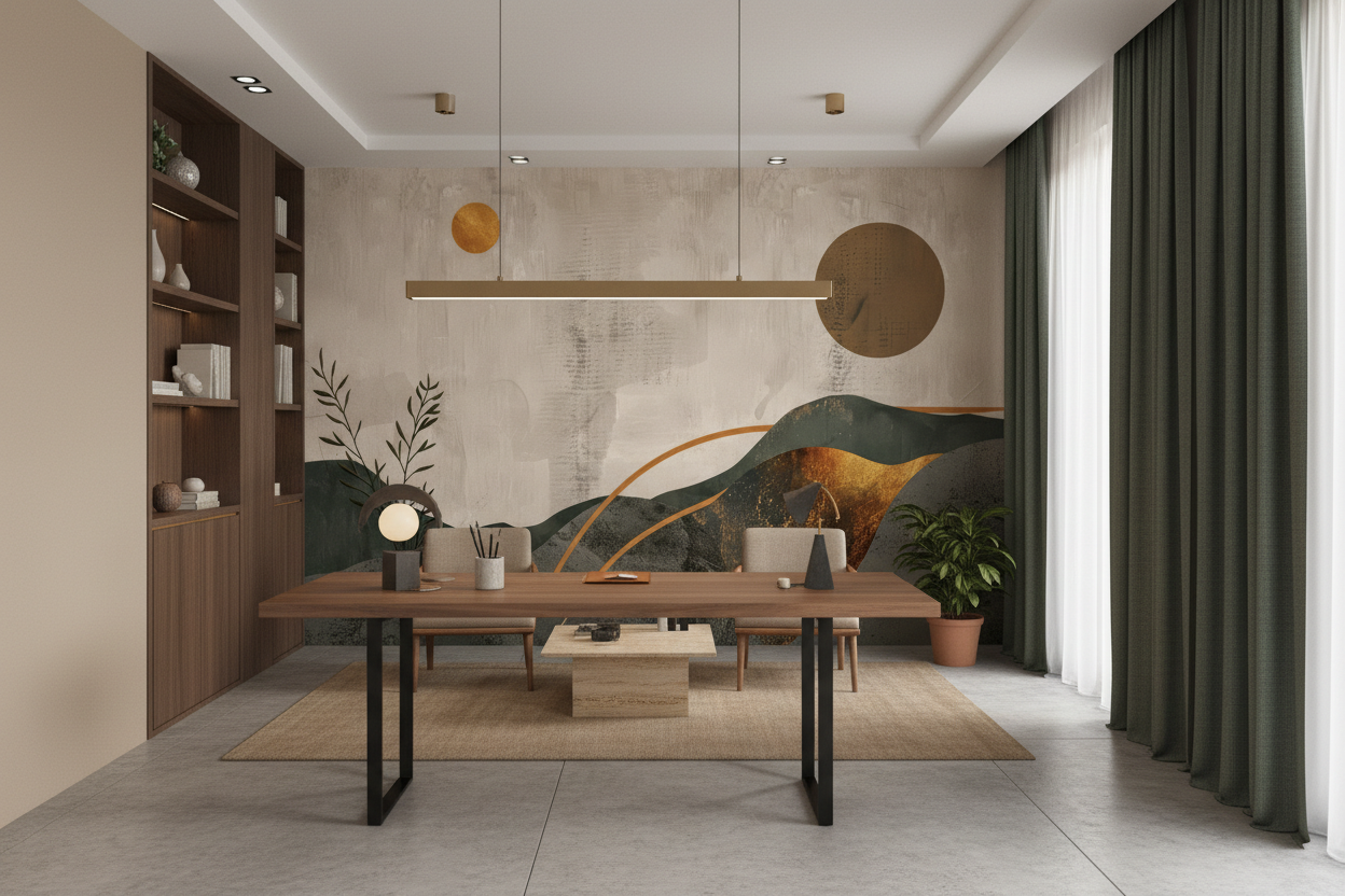 Papier Peint Paysage Abstrait Montagnes Terracotta Style Minimaliste Moderne - Bureau