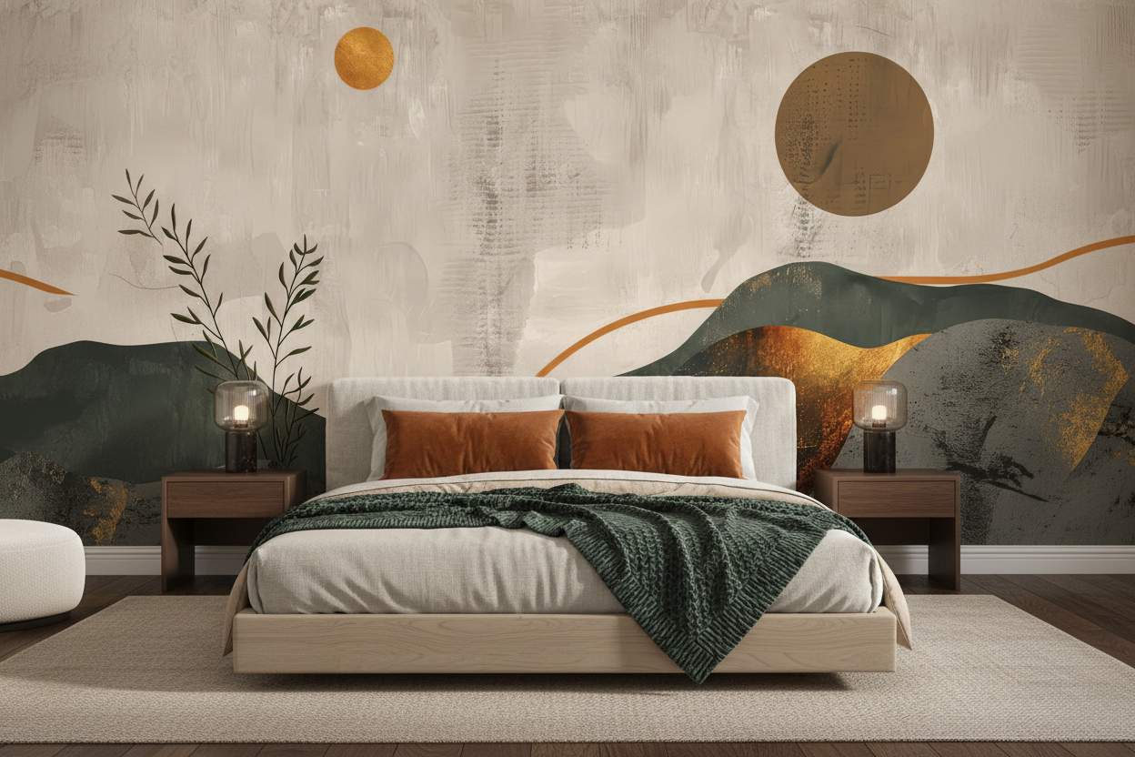 Papier Peint Paysage Abstrait Montagnes Terracotta Style Minimaliste Moderne - Chambre adulte