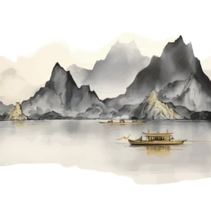 Paysage Montagneux Asiatique avec Lac et Bateau Traditionnel