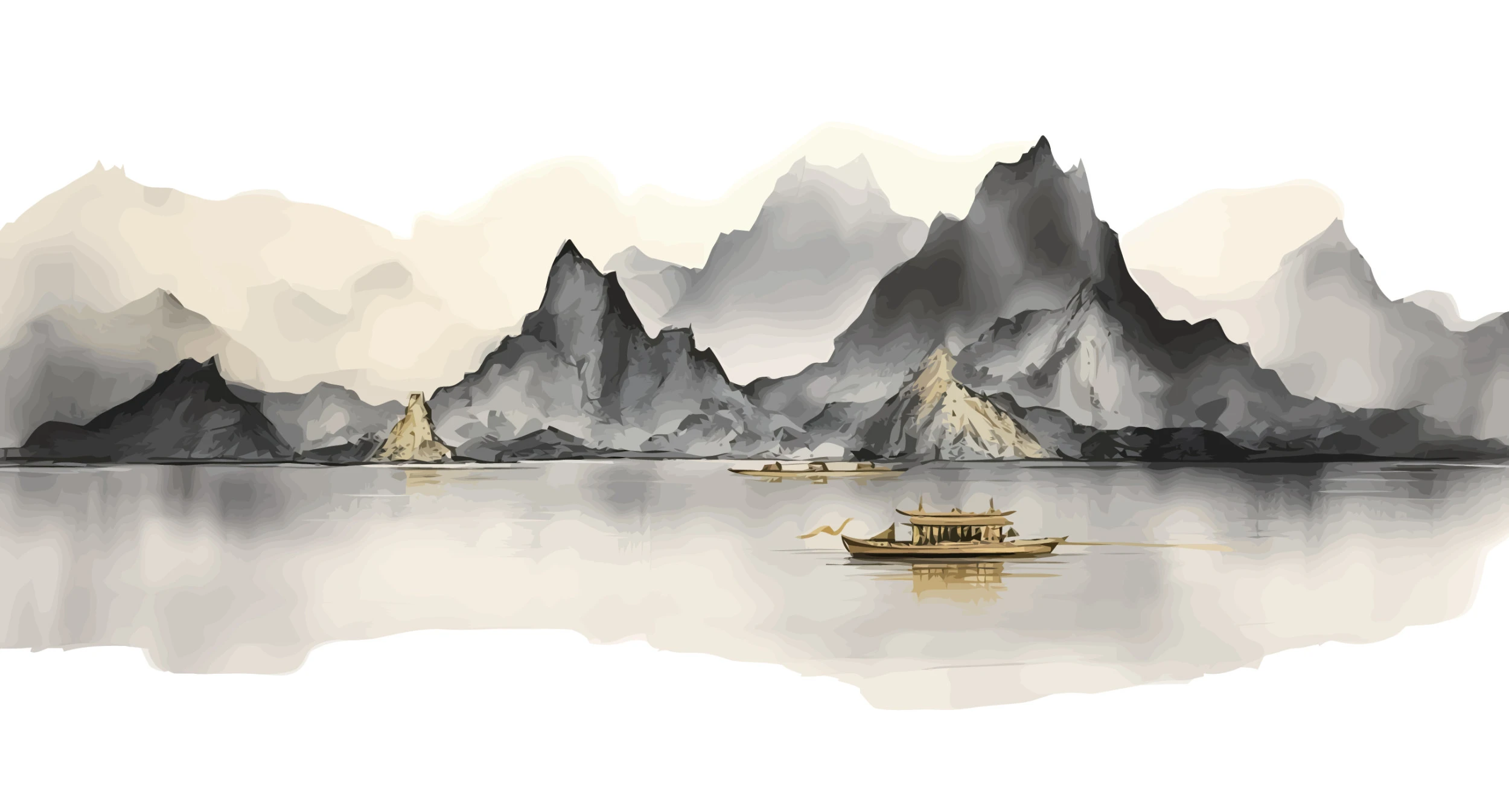 Paysage Montagneux Asiatique avec Lac et Bateau Traditionnel