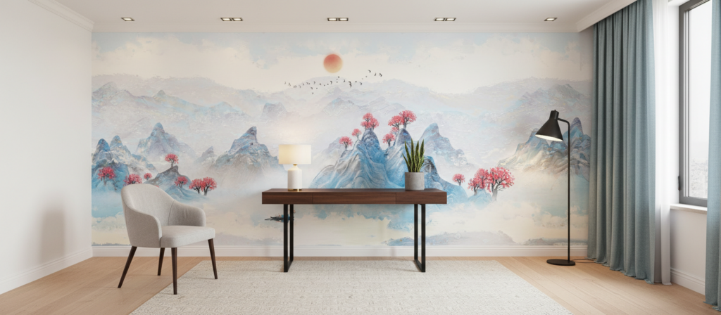 Papier Peint Paysage Asiatique Montagnes Bleues et Cerisiers Roses - Bureau